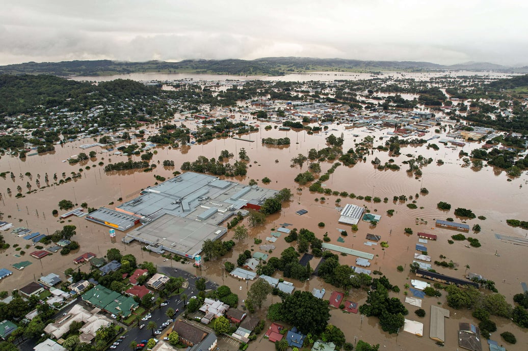 Aerial view of rural town, Lismore, NSW, Australia during devastating 2022 floods