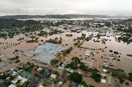 Aerial view of rural town, Lismore, NSW, Australia during devastating 2022 floods